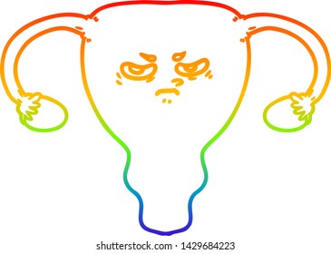 rainbow gradient line drawing of a cartoon angry uterus
