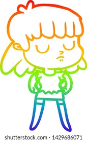 rainbow gradient line drawing of a cartoon indifferent woman