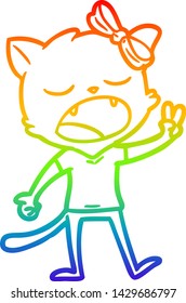 rainbow gradient line drawing of a cartoon yawning cat