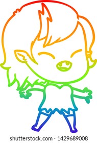 rainbow gradient line drawing of a cartoon laughing vampire girl