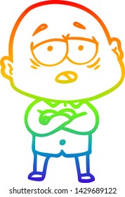 rainbow gradient line drawing of a cartoon tired bald man