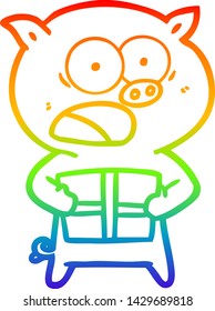 desenho de linha de gradiente do arco-íris de um porco de desenho animado com presente de natal