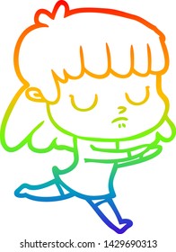 rainbow gradient line drawing of a cartoon indifferent woman