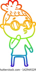 rainbow gradient line drawing of a cartoon woman wearing glasses