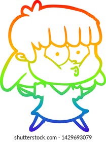 rainbow gradient line drawing of a cartoon whistling girl