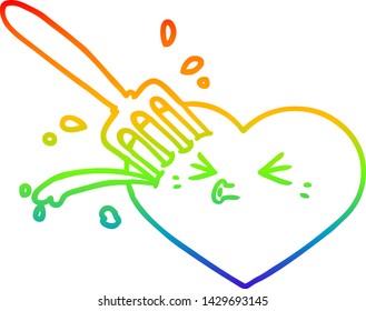 rainbow gradient line drawing of a cartoon love heart stuck with fork