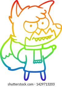 rainbow gradient line drawing of a cartoon grinning fox in winter clothes