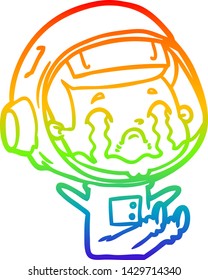 rainbow gradient line drawing of a cartoon crying astronaut
