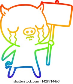 dibujo de una línea de gradiente de arco iris de un cerdo llorando de caricatura con un poste de señas
