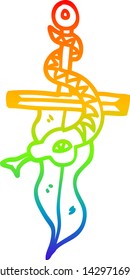 rainbow gradient line drawing of a cartoon dagger and snake tattoo