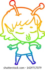 rainbow gradient line drawing of a cartoon alien girl