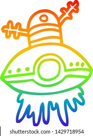 rainbow gradient line drawing of a cartoon alien spaceship