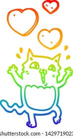 dibujo de una línea de gradiente de arco iris de un gato de dibujos animados loco en el amor