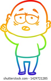 rainbow gradient line drawing of a cartoon tired bald man