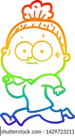 rainbow gradient line drawing of a cartoon happy old woman