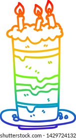 rainbow gradient line drawing of a cartoon birthday cake