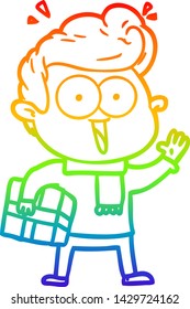 rainbow gradient line drawing of a cartoon excited man with present