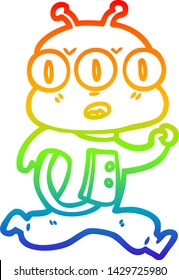 dibujo de una línea de gradiente de arcoiris de un extraterrestre de tres ojos de caricatura