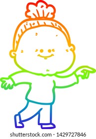 rainbow gradient line drawing of a cartoon happy old woman
