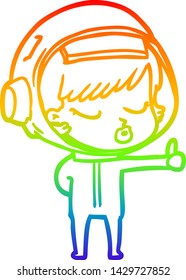 rainbow gradient line drawing of a cartoon pretty astronaut girl giving thumbs up