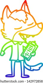 rainbow gradient line drawing of a cartoon saleman wolf laughing