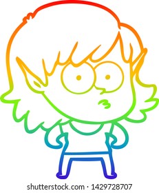 rainbow gradient line drawing of a cartoon elf girl staring