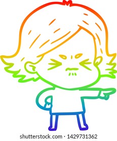 rainbow gradient line drawing of a cartoon angry girl