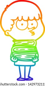 rainbow gradient line drawing of a cartoon curious boy with lots of books