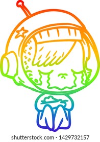 rainbow gradient line drawing of a cartoon crying astronaut girl
