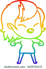 rainbow gradient line drawing of a cartoon laughing vampire girl