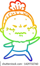 rainbow gradient line drawing of a cartoon annoyed old lady