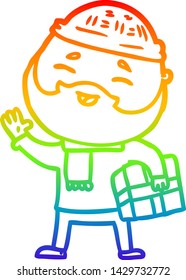 rainbow gradient line drawing of a cartoon happy bearded man