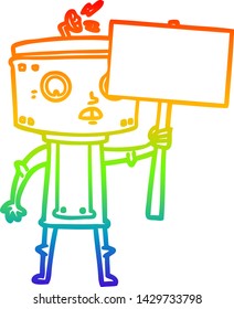 rainbow gradient line drawing of a cartoon robot with blank sign