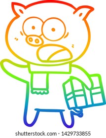 rainbow gradient line drawing of a cartoon pig with christmas present