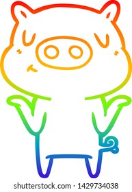 rainbow gradient line drawing of a cartoon content pig