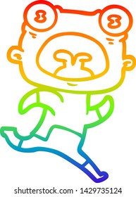 rainbow gradient line drawing of a cartoon weird alien running away