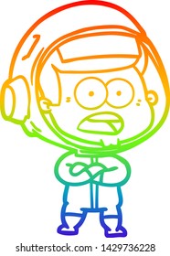dibujo de una línea de gradiente de arco iris de una caricatura sorprendida astronauta
