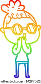 desenho de linha de gradiente arco-íris de uma mulher de desenho animado usando óculos