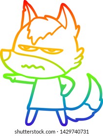 rainbow gradient line drawing of a cartoon annoyed wolf