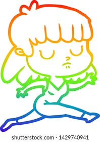 rainbow gradient line drawing of a cartoon indifferent woman running