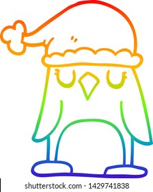 rainbow gradient line drawing of a cartoon penguin wearing christmas hat