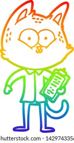 dibujo de línea de degradado de arco iris de un gato de dibujos animados con portapapeles