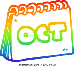 dibujo de línea de gradiente de arco iris de un calendario de caricaturas que muestra el mes de octubre
