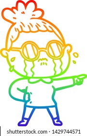 rainbow gradient line drawing of a cartoon crying woman wearing spectacles