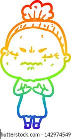 rainbow gradient line drawing of a cartoon annoyed old lady
