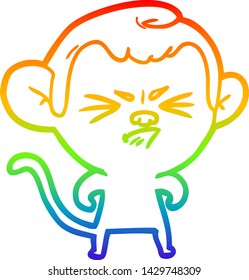 dibujo de una línea de gradiente de arco iris de un mono molesto de caricatura