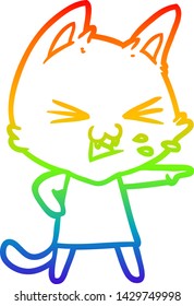 rainbow gradient line drawing of a cartoon cat hissing
