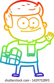 rainbow gradient line drawing of a cartoon happy man