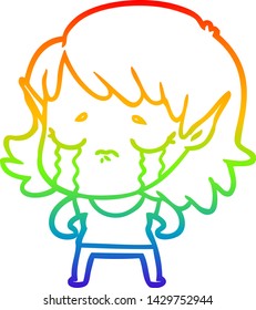 dibujo de la línea del gradiente del arcoiris de una joven elfo llorando una caricatura