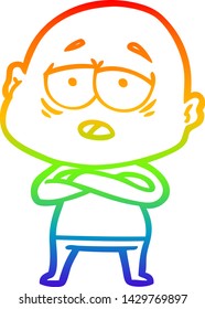 rainbow gradient line drawing of a cartoon tired bald man